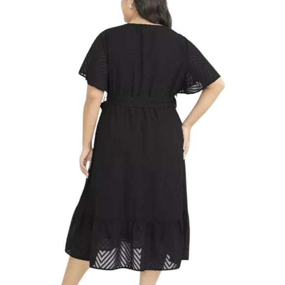 BloomChic Black Geometric Pocket Ruffle Sleeve Belted Midi Dress - Women's Plus - Picture 3 of 13